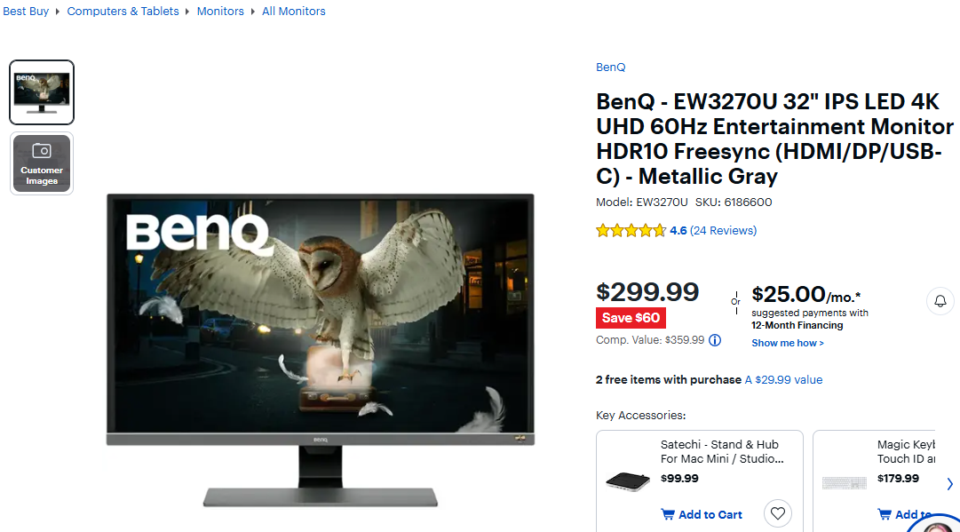 BenQ - EW3270U 32" IPS LED 4K UHD 60Hz Entertainment Monitor HDR10 Freesync (NO STAND) - hình ảnh
